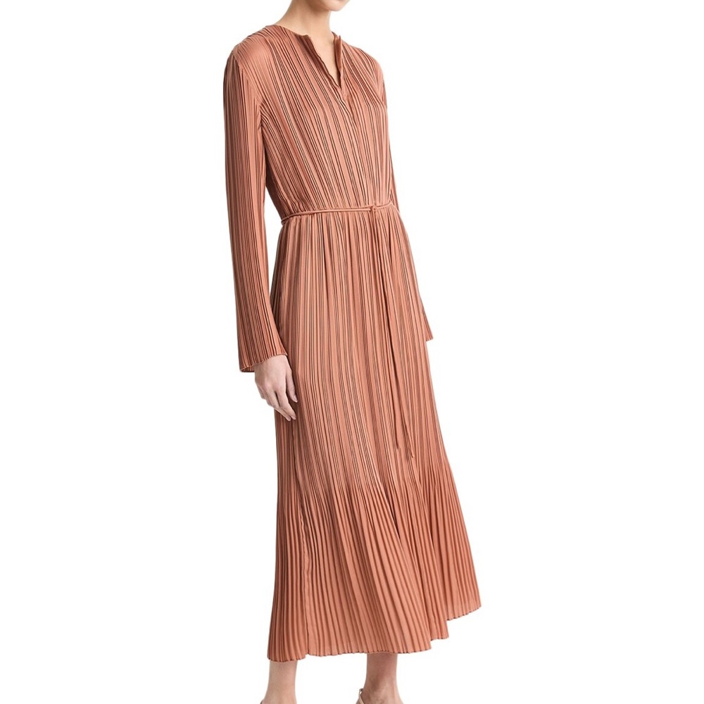 Vince Variegated Pleat Long Sleeve Midi
Dress -Vince Long Sleeve Pleated Brown